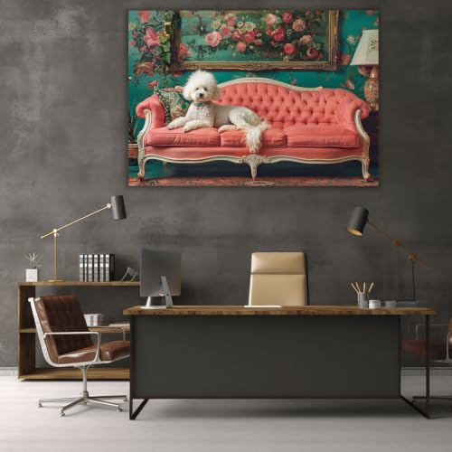 Cuadro de caniche divertido para dar un toque vintage y floral al baño, lienzo coral de 40x60cm 2