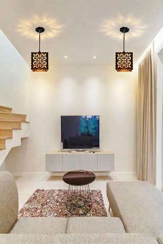 Image of Wooden Pendant Light Lamp, Jumar Light Lamp, Floral Pattern Shade, Decorative Ceiling Lamp | Home Living Room Decor | Wooden Night lamp Ceiling Lamp for Home Decor (6.5X6.5 Inch)