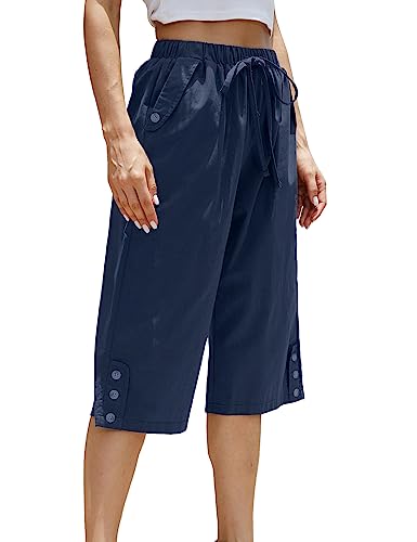 Women's Casual Cotton Pants Elastic Drawstring Capri Trousers Lightweight High Waisted Wide Leg Baggy Slacks
