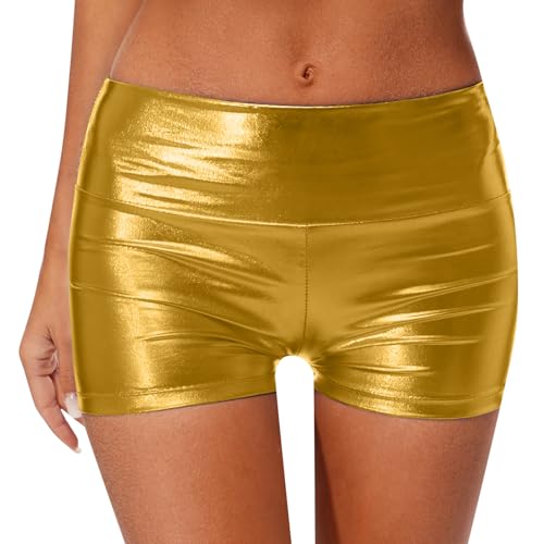 Raenseen Shorts De Cuello De Pantalón Metálicos Brillantes De Mujer De Tiro Alto Y Cinturilla Ancha para Fiestas Y Baile En Club Oro S