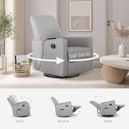 Image of Evolur Raleigh Glider with Massager in Charcoal, Upholstered Plush Seating 360 Swivel Glider Rocking Chair, FSC Certified, Greenguard Gold & JPMA Certified Nursery Glider Recliner