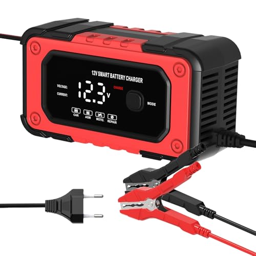 Cargador de Batería de Coche - Cargador de Mantenimiento Inteligente 12V y 6A - Mantenedor Desulfatador Automático con Pantalla LCD | para Garaje Exteriores Carretera