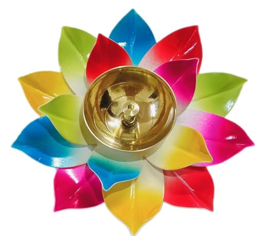 Lámpara de aceite de latón Akhand Diya India Diwali Decoración Puja Lámpara Akhand Lotus Diya Multicolor (1)