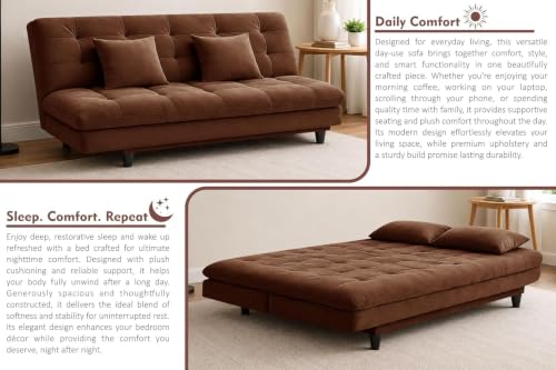 Image of Velvet Fabric Wooden 3-Seater Apsen Sofa Bed with Tufted Couch with Adjustable Backrest- Living Room Furniture-Brown-Color