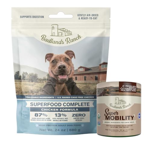 BADLANDS RANCH Superfood Complete, Air-Dried Adult Dog Food, 24 Ounce Premium Chicken and Super Mobility Organic Supplement 90 Grams, 30 Scoops