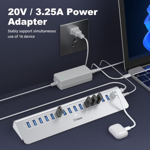 Image of Powered USB Hub 10Gbps, intpw YH16A 16-Port USB 3.2 /USB A Hub (16 x USB-A 3.2), USB Hub Powered with 65W Power Adapter, 3Ft Cable, Aluminum USB Hub for PC /Laptop,Computer, Flash Drive, Printer, Camera