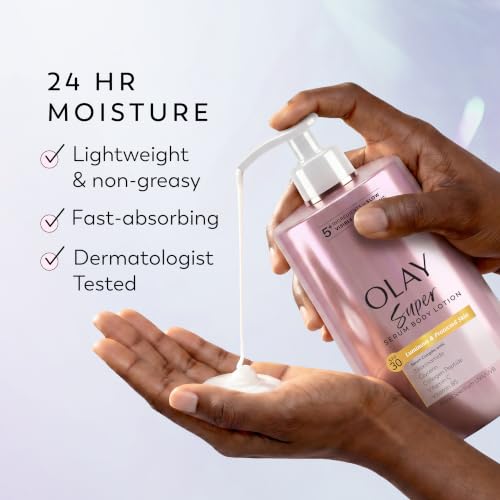 Image of Olay Super Serum Body Lotion, SPF 30, Daily UV Protection, 24hr Long Lasting Hydration, 5+ Ingredient Complex for Bright Even Firm Luminous Skin, Prevents Aging, Peach & Sweet Cream Scent, 17 fl oz