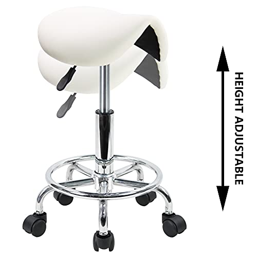 Kktoner Saddle Stool With Foot Rest Pu Leather Swivel Adjustable Rolling Stool With Wheels Facial Salon Chair (White) #TOP4