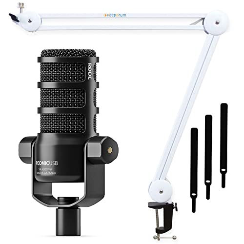 RØDE Podmic USB Sprecher Mikrofon mit XLR und USB-C Anschluss + keepdrum Gelenkarm MS138 Weiss
