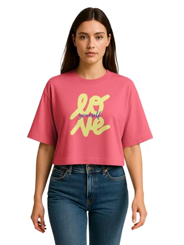 Image of HELLCAT Beige Printed Loose Fit Crew-Neck Crop T-Shirt for Women