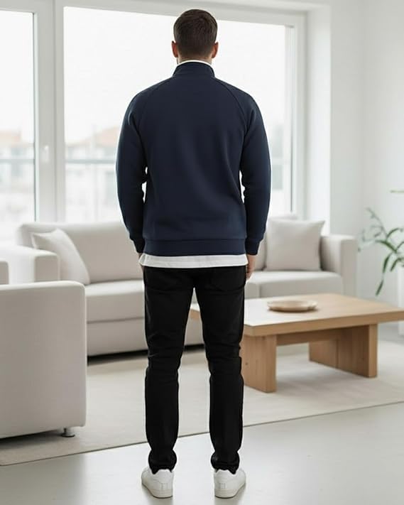Image of Men's Quarter Zip Pullover Sweater with Contrast Stripe, Long Sleeve Athletic Casual Sweatshirt for Winter Wear, Black