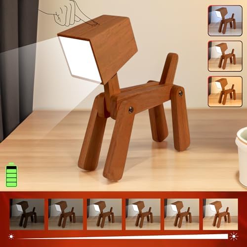 Artistic Gifts Wooden Dog Table Lamp Kids Room, Bedroom Study, Office | Adjustable Dog Shape Portable Cute Animal Desk Lamp Unique Night Lamp Dimmable, Touch Control, Warm White Light. (Walnut)