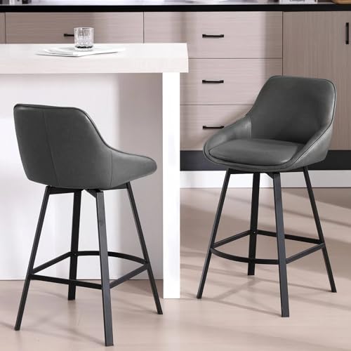 Image of Zesthouse Swivel Counter Height Stools Set of 2, Modern Upholstered Barstools with Backs, 26'' Faux Leather High Chairs for Island Kitchen, Counter Height Chairs with Metal Legs, Dark Grey