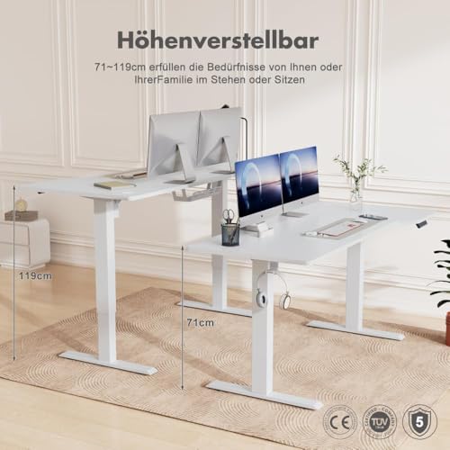 JUMMICO HöHenverstellbarer Schreibtisch 160 x 70 cm L-Förmiger Schreibtisch Höhenverstellbar Elektrisch,Ergonomie Gaming Tisch mit Haken (Weiß) – Bild 5