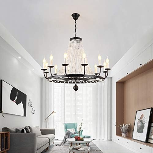 LED Chandeliers, 10 Candle Chandelier for Living Dining Room Bedroom Home Crystal Hanging Light Classic Design American Retro Lustre Pendant Lamp (Color : 12heads, Size : Black)