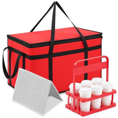 Acellegic Insulated Food Delivery Bag Pizza Cooler Bag with Drink Carrier, Thermal Hot Cold Grocery Tote for Food Delivery, Travel, Shopping, and Catering(Red,23 x 15 x 14 Inch)