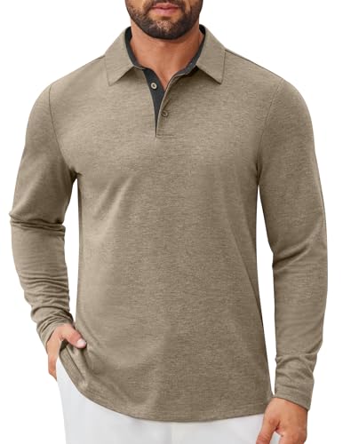 COOFANDY Mens Long Sleeve Polo Shirts Button Casual Tee Collared Work Pullover Shirts