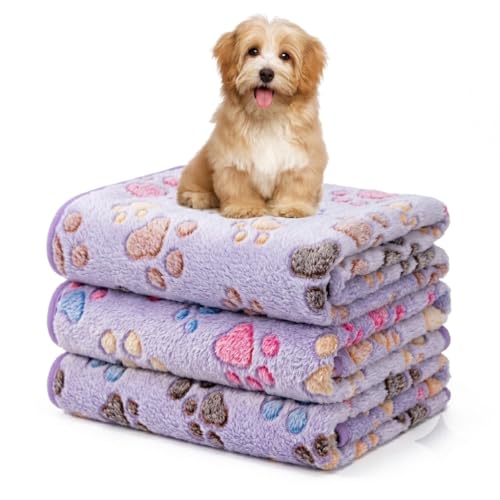 Image of 1 Pack 3 Blankets Fluffy Premium Fleece Soft Pet Blanket Flannel Throw for Cat Dog Puppy (Medium 30x20'', Paw-Purple)