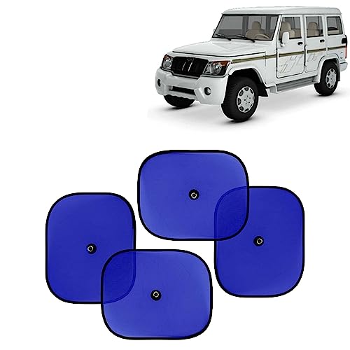 Image of KINGSWAY Car Window Curtain Sticky Sun Shades Compatible with Mahindra Bolero, (Year 2000-2019), Universal Fit Sunshades for Side Window, Rear Window, Blue Color, 4 Pieces