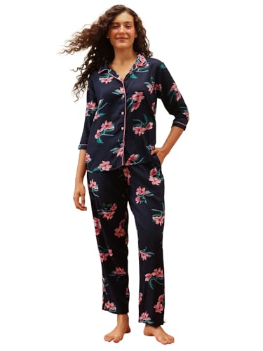 Image of Clovia Women's Cotton Printed Button Down Shirt & Pyjama Night Suit Set