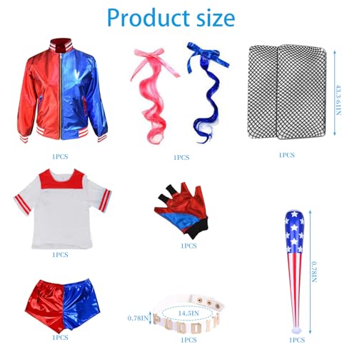 Quinn - Disfraz de villano para niños y niñas, incluye chaqueta, camiseta, pantalones cortos y guantes de globo, medias, cuello para Halloween, carnaval, cosplay (130 cm)