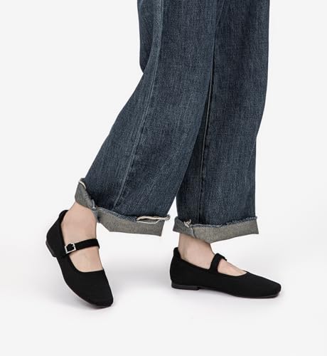 Ballet Flats for Women, Square Toe Mary Jane Shoes Comfortable Dressy Flats Adjustable Straps Washable Knit Casual Office Shoes with Arch Support Latex Insole Black4