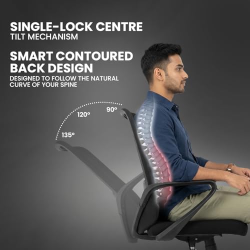 Image of Kepler Brooks Vibe Office Chair for Work | 3-Year Warranty | Ergonomic Office Chair, Study Chair for Home, Foam Padded Lumbar, Centre Tilt Lock Mechanism, Heavy Duty Nylon Base (Black)