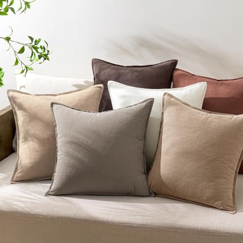 Image of Decorative Linen Solid Throw Pillow Covers 18x18 Inch Set of 2 Brown Tan Boho Accent Farmhouse Pillows Modern Neutral Home Decor for Couch Sofa Living Room Bed