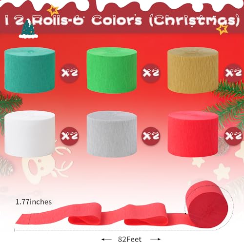Image of Streamers, 12 Rolls Christmas Crepe Paper Streamers, 6 Colors Christmas Party Streamers for Ceiling Background Wall Dining Table Door Window Staircase Yard Decoration