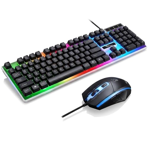 USB Wired Gaming Keyboard and Mouse Set Rainbow LED Illustrated Keys Gaming and Office Keyboard Mouse for Desktop PC Laptop PS4 Xbox One Black