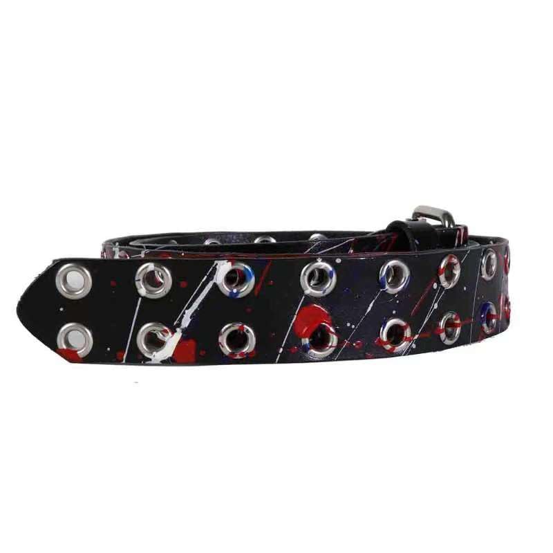 Double Grommet Belt for Women Men Genuine Leather Belts Graffiti Prong Buckle Vintage Punk Rock Jeans Belts3