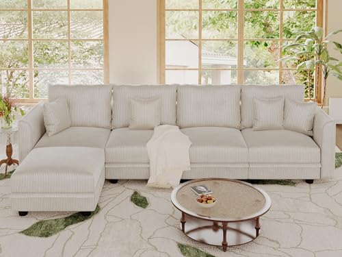 Image of LLappuil 112 inch Modular Sectional Sofa with Storage, L-Shaped 5-Seat Corduroy Couch with 4 Throw Pillows, Pet-Friendly Convertible Sofa for Small Living Room & Apartment, Skin-Friendly, Beige