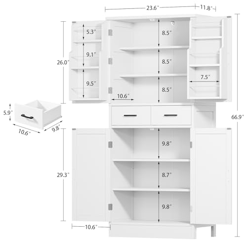 Image of TEENFON Farmhouse Pantry Cabinet, 66.9″H Tall Kitchen Storage Cabinet with Barn Doors, Adjustable Shelves & Drawer, Freestanding Cupboard for Kitchen, Dining Room, Living Room, Bathroom, White