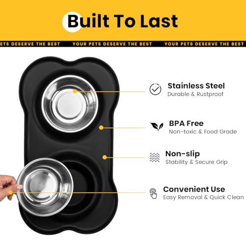 Dog Bowls with Silicone Feeding Mat, No Spill Food Water Dish Set, Dishwasher Safe, 2 Stainless Steel Puppy Bowls, Suitable for Tiny Dogs Kittens Cats Rabbits Pets under 8lbs, Extra Small,Black - Image 4