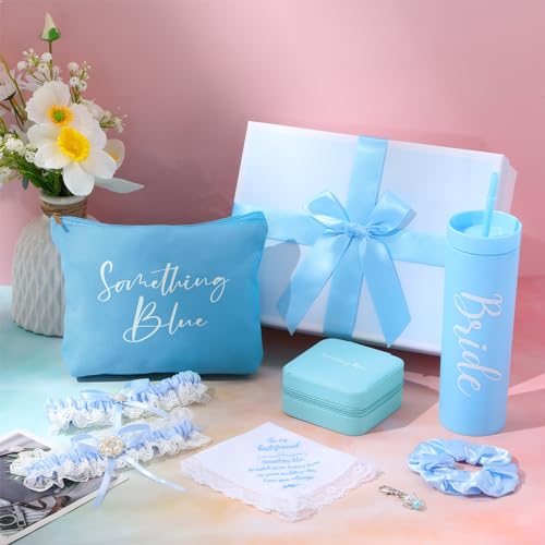 8 Pcs Something Blue Wedding Gift for Bride Wedding Handkerchief 16 oz Skinny Acrylic Tumbler Lace Garter Belt Angel Bouquet Charm Bridal Cosmetic Bag Scrunchies Gift Box Jewelry Case3