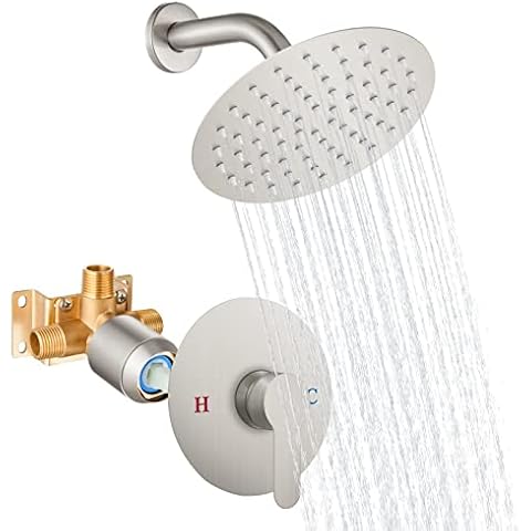 Shower Faucet Set Brushed Nickel 8 Inch Round Showerhead Bathroom SUS304 Stainless Steel Rainfall Shower System Wall Mount Single Function Shower Trim Kit 1 Handle Male Thread 1/2" NPT Cover