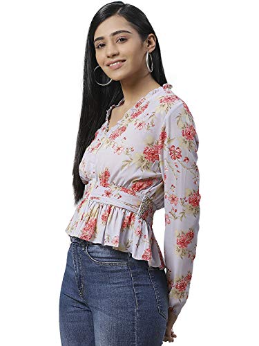 Image of IVES Women's Printed Polyester Full Sleeves | V Neck | Regular Fit Crop Top