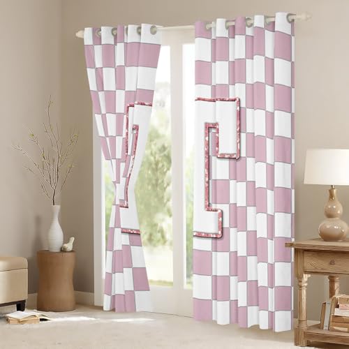 Image of Erosebridal Pink Initial T Blackout Curtains for Kids Girls Bedroom Kawaii Plaid Checkered Window Curtains 2 Panels 42 inchWx90 inchL Cute Personalized Monogram Drapes,Fashion Grids Gingham Window Treatments