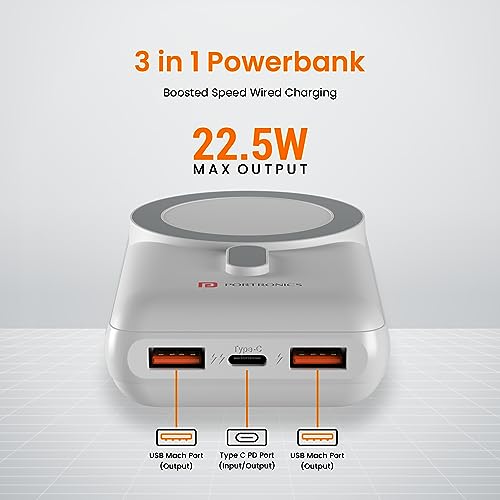 Image of Portronics Wirecell 10 10000mAh 15W Magnetic Wireless Power Bank with 22.5 Wired Output Compatible with iPhone 12 & Above, Samsung Galaxy Z Fold 2, S20 FE, S6 Edge & Other QI enables Devices(White)