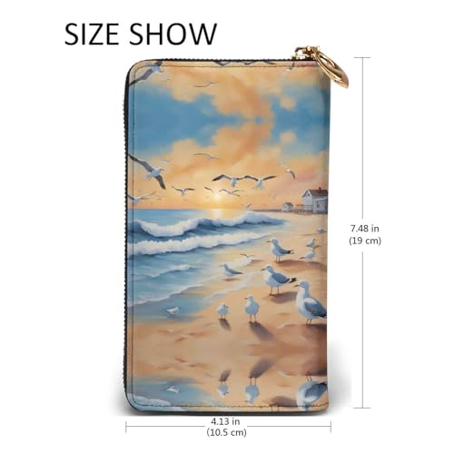 Cartera de piel con gaviotas billetera larga multifunción 7.5" 5