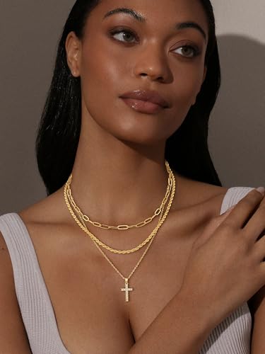 Layered Gold Cross Necklaces for Women, Stack Stackable 14K Gold/Silver Plated Cubic Zirconia Pendant Necklace Set Dainty Choker Layering Necklaces for Women Faith Jewelry Religious Gift3