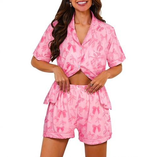 Image of Ammiko Womens Pajamas Set Y2k Loungewear Pajama Button Down Top and Shorts Monkey Beach Short Sleeve Sleepwear Preppy