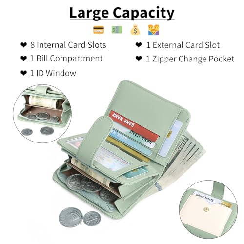 Image of GOIACII Small Wallet for Women RFID Blocking Bifold Wallets Ladies Card Holder Coin Zipper Pocket Green