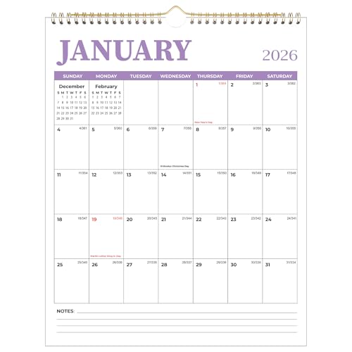 2026 Calendar - 2026 Wall Calendar: 12 Monthly Wall Calendar 2026 from Jan. 2026 to Dec. 2026, 14.5" x 11.5", Twin-Wire Binding, Clear Waterproof Cover, Julian Dates, Calendar for Organizing - Purple
