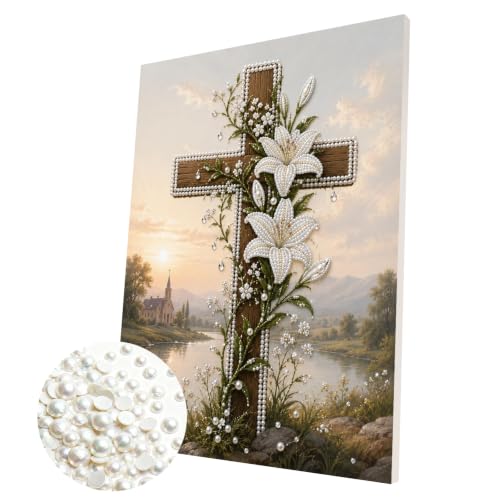 C'eitura Pearl Painting Kit Cross with Lilies 11.81×15.75in