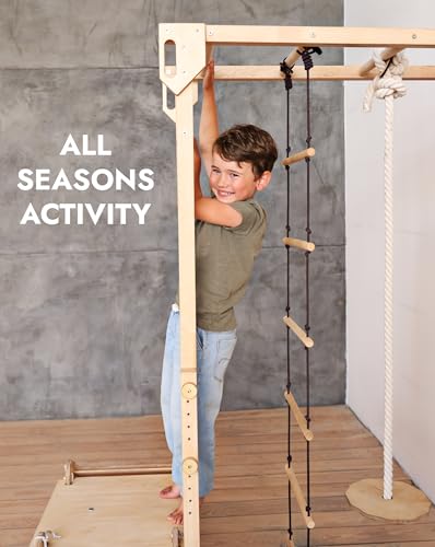 Image of 9-in-1 Wooden Indoor Climbing Frame for Children, Montessori-Inspired Climbing Set with Wall Bars, Monkey Bars, Pull-Up Bar, Rings, Swing, Rope Ladder, Climbing Board, Slide & Platform