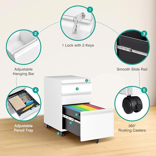 Image of 3 Drawer File Cabinet with Lock,Under Desk File Cabinet with Wheels,White Rolling Filing Cabinets,Three Drawer Metal Filing Cabinet for Home Office,Fit A4 /Letter /Legal File,- Assembly Required