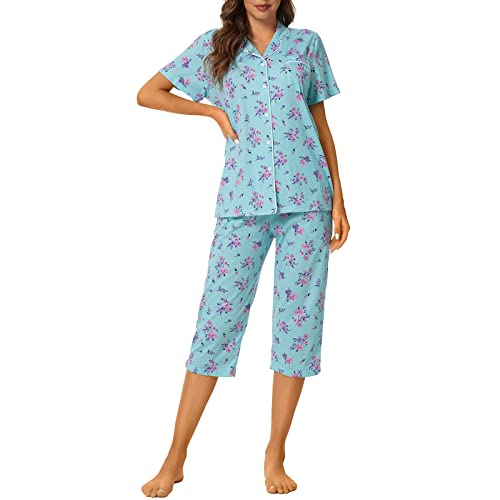 Image of Tugege Capri Pajamas Set Womens Button Down Short Sleeve Lounge Sets Sleepwear Notch Collar Top & Capri 2 Piece PJ Sets