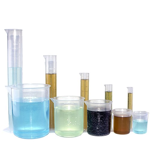 Benail Juego de 10 cilindros y vasos de plástico, incluye 5 cilindros graduados de plástico transparente (10, 25, 50, 100, 250 ml) y 5 vasos de plástico (50, 100, 250, 500, 1000 ml)