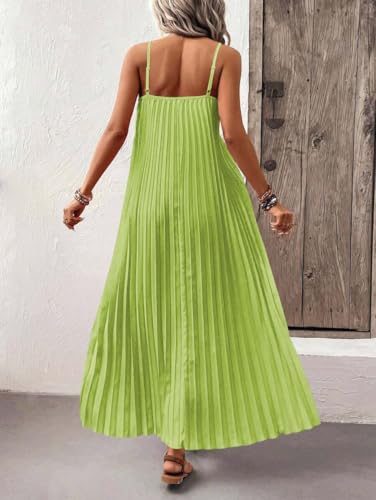 Image of Women's Summer Casual V Neck Sleeveless Strappy Pleated Flowy Loose Maxi Long Beach Dress